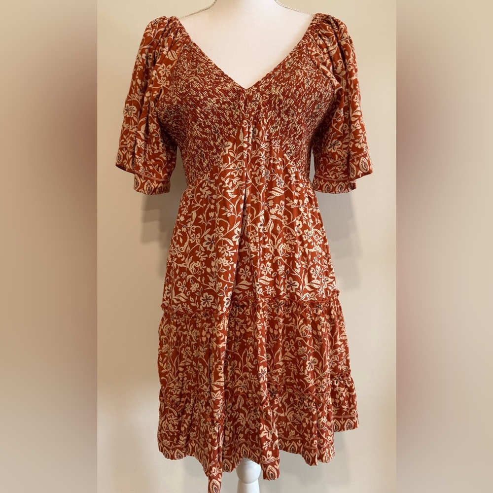 Angie Floral Print Boho V-Neck Shirred Bodice Ruffle Hem Dress Size XL